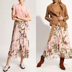 AllSaints Luca Nolina Midi Skirt Wrap Skirt Pastel Pink Floral Western Size 8